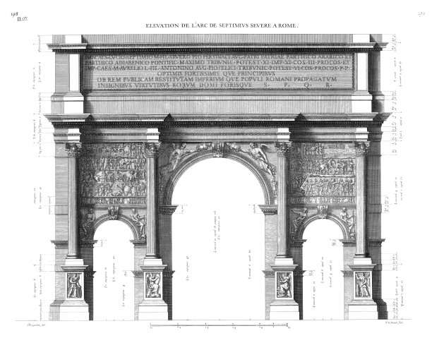 罗马塞普提米乌斯·西弗勒斯拱门的立面，由1682年的罗马古代建筑拍摄。图片下载