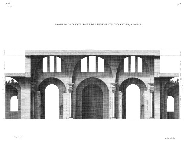 罗马戴克里先浴场大厅的剖面图，由1682年的罗马古建筑绘制。图片下载