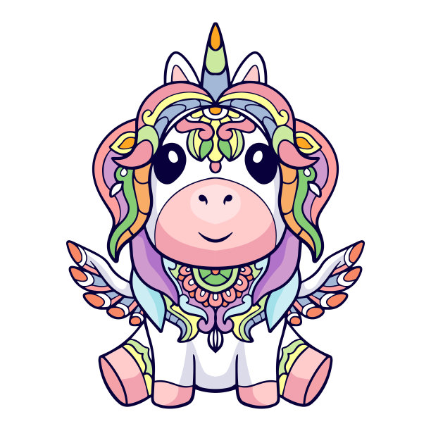 彩色可爱的独角兽卡通曼荼罗艺术孤立在白色背景图片下载