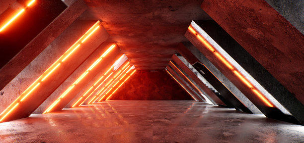 黑暗走廊里闪烁着科幻色彩的霓虹灯。地板和墙壁上的倒影。中间的空白背景。3 d渲染图像。技术未来的背景。图片下载