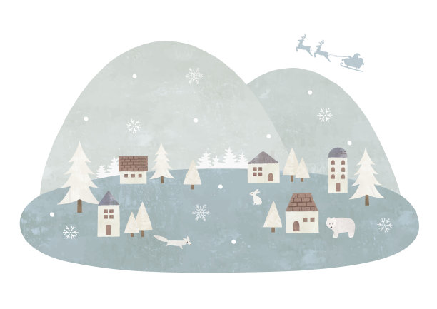 村庄的山，雪和房子在冬天的水彩画图片下载