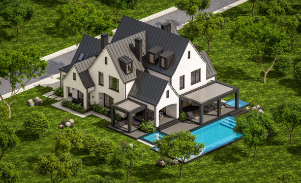 3d渲染的黑白现代都铎式住宅图片下载