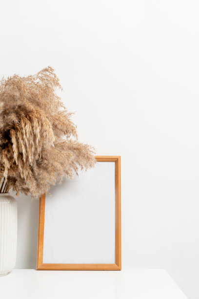 木制垂直框架与白色花瓶的干花在白色的墙图片下载