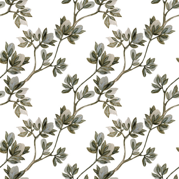 无缝图案水彩绿蓝色抽象树枝与白色背景的叶子。创意手绘春夏花卉插画。艺术婚礼8三月包装墙纸贴纸图片下载