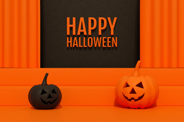 万圣节南瓜梯上的橙色窗帘背景图片下载