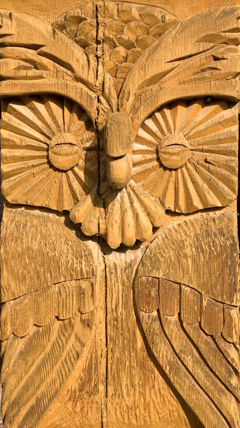 木门上雕刻着猫头鹰的形象图片下载