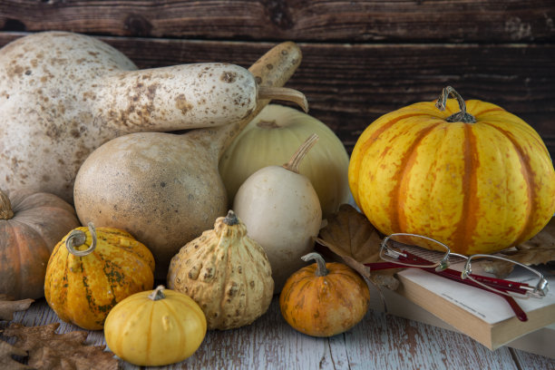 快乐的万圣节假期概念。万圣节的装饰，南瓜，蝙蝠，橙色背景的鬼魂。万圣节派对贺卡模型与复制空间。图片下载