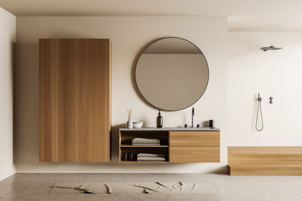 浴室内部有水槽和灌洗器，梳妆台和配件图片下载