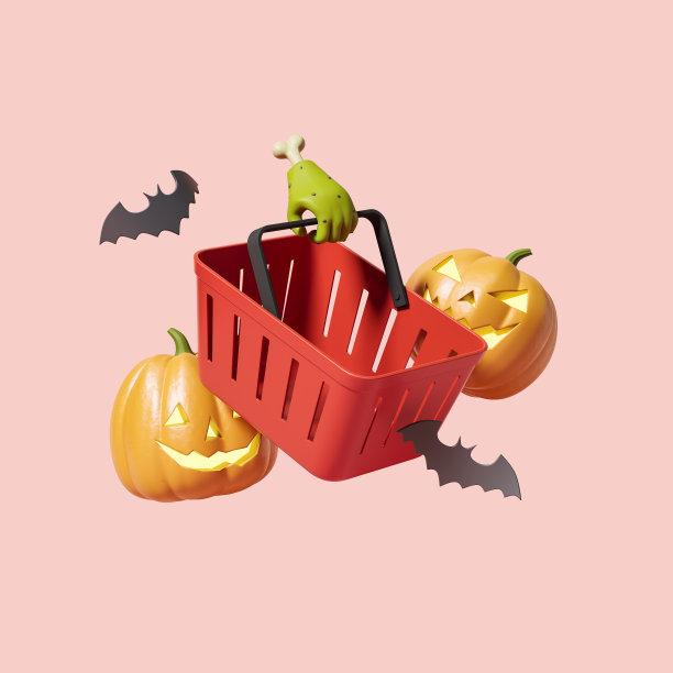 恐怖的卡通手与购物篮，万圣节南瓜图片下载