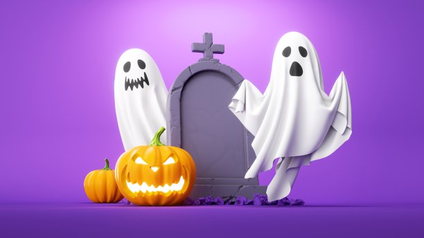 3d渲染，万圣节插画与飞行的白色幽灵南瓜杰克灯笼和墓碑，节日剪辑艺术孤立在紫色背景图片下载