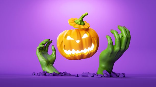 3d插图，南瓜杰克灯和可怕的绿色僵尸手显示出地面，万圣节剪贴画孤立在紫色背景图片下载