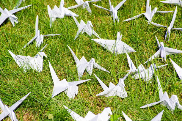 日本1000折折纸鹤在新鲜的草地上图片下载