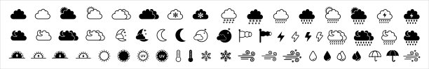 天气图标。天气预报图标设置。应用程序和网站按钮的简单平面设计。完整的象征日出，日落，太阳，月亮，降雨，暴风雪，雪，伞。矢量图图片下载