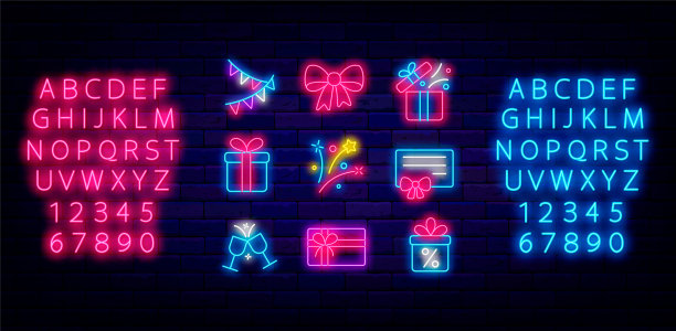 圣诞快乐和新年快乐霓虹灯图标集合。花环和焰火。向量股票插图图片下载