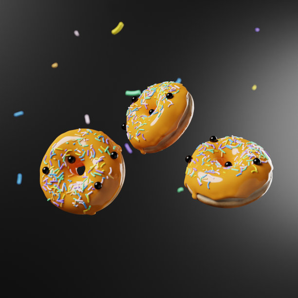 三维渲染的三个甜甜圈与橙色釉上的黑色背景，漂浮在空气中。图片下载