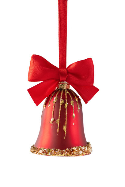 红色圣诞装饰品与蝴蝶结孤立在白色背景。图片下载