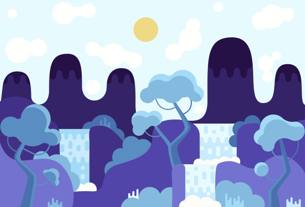 山，瀑布和树木在平坦的阶梯。矢量图图片下载