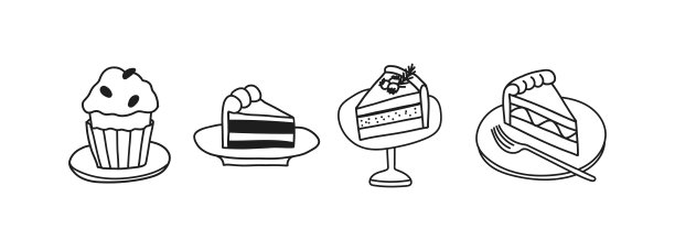 手绘一套涂鸦蛋糕。矢量涂鸦插图的不同的饼干和纸杯蛋糕。收集甜品在不同的盘子，碟子和托盘。图片下载
