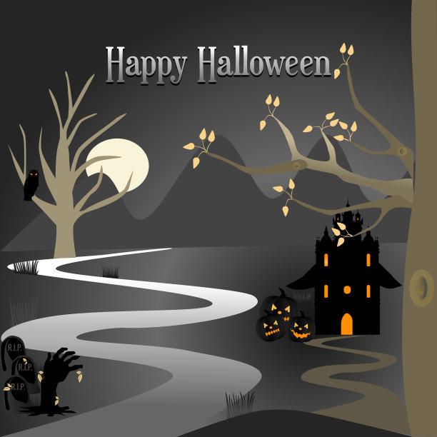 万圣节背景闹鬼的房子，河在满月，南瓜和树，股票插图图片下载