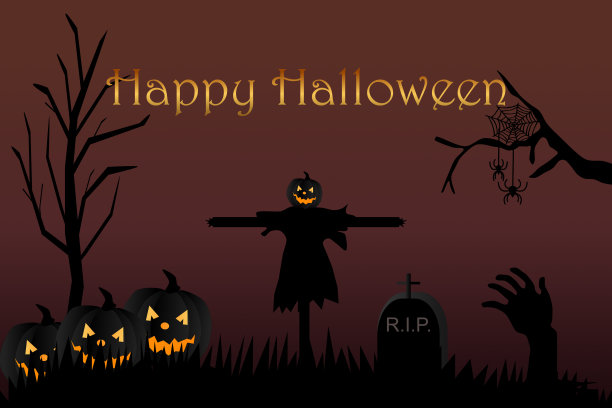 万圣节背景与稻草人，南瓜和墓地，股票插图图片下载