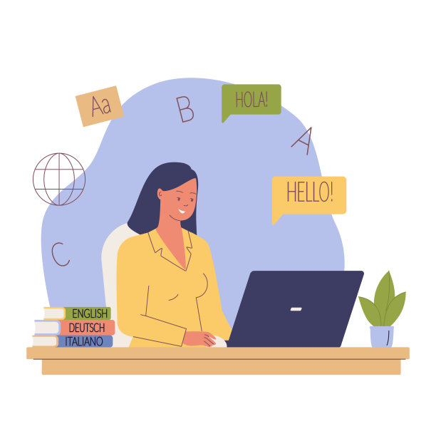 学习外语，女子在线学习语言矢量卡通插画图片下载