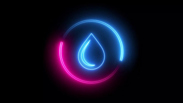 蓝色和粉红色发光的霓虹灯线油滴和水滴图标孤立在黑色背景。图片下载
