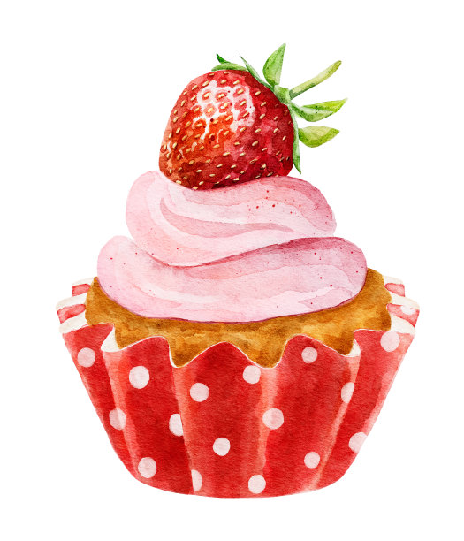 水彩美味的纸杯蛋糕与新鲜草莓孤立在白色的背景。图片下载