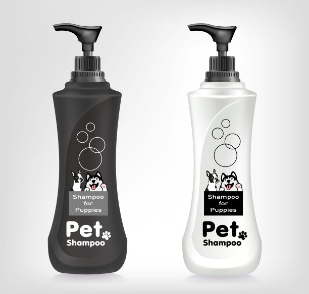 化妆品的宠物。狗和小狗用洗发水和喷雾。说明向量图片下载