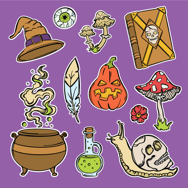 万圣节贴纸占星天象素描矢量集图片下载