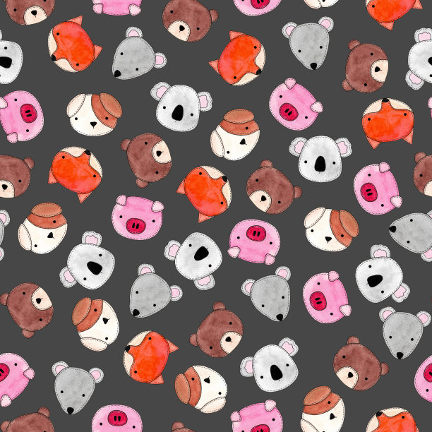 无缝水彩插画6只动物狐狸猪狗考拉大鼠熊用于背景纹理，包装纸，纺织贺卡模板或墙纸设计图片下载