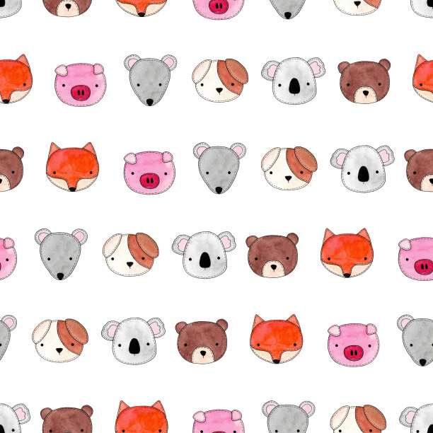 无缝水彩插画6只动物狐狸猪狗考拉大鼠熊用于背景纹理，包装纸，纺织贺卡模板或墙纸设计图片下载