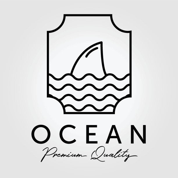 海洋鲨鱼线艺术标志徽，太平洋海洋插画设计，地平线海岸线矢量概念图片下载