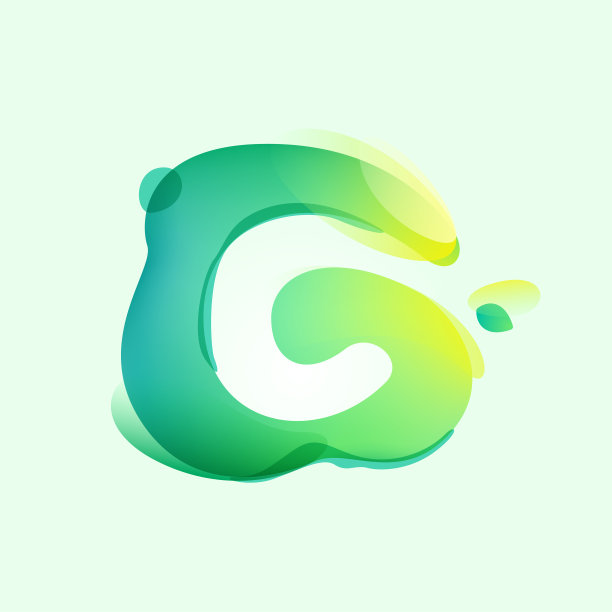 C字母标识在生态渐变飞溅与绿叶。负空间环境友好的图标。会徽幻觉影响。图片下载