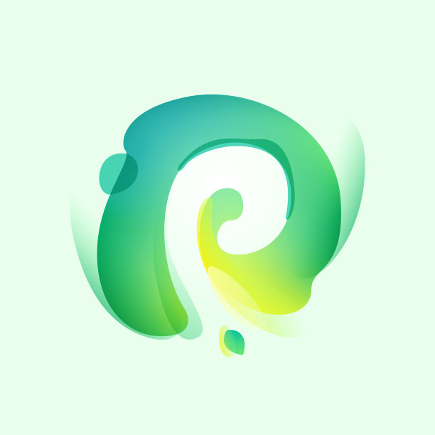 P字母标志在生态渐变飞溅与绿色的叶子。负空间环境友好的图标。会徽幻觉影响。图片下载