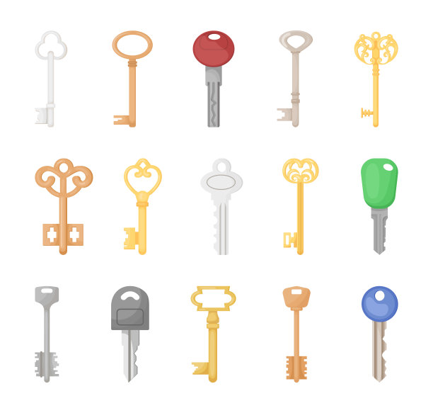 现代和复古键平面矢量插图集图片下载