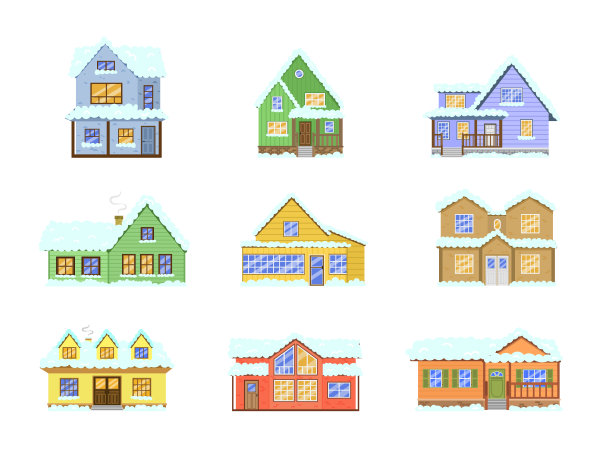 不同房屋立面的冬季矢量插图集图片下载