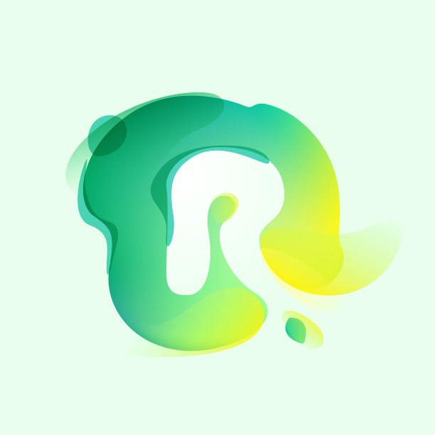 R字母标识在生态渐变飞溅与绿叶。负空间环境友好的图标。会徽幻觉影响。图片下载