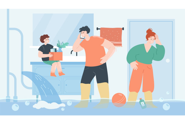 有溢流在浴室的家庭平面矢量插图图片下载