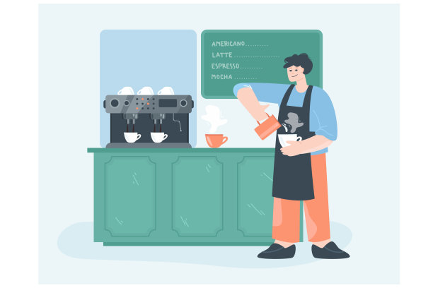 穿着围裙的男咖啡师正在用牛奶煮咖啡图片下载