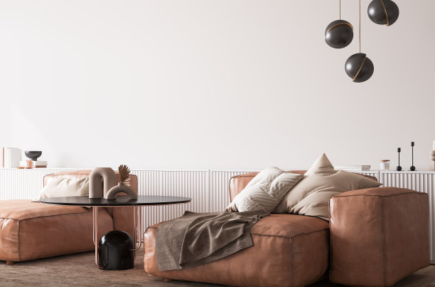墙壁模型在现代客厅设计，棕色皮革沙发与黑色家庭配件在白色的极小背景图片下载
