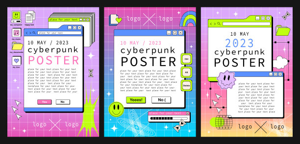 一套印有千年虫风格电脑视窗的海报。酸复古界面的旧计算机Copyspace模板。图片下载