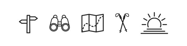 露营的图标集。冒险之旅。周末，暑假概念。日落的迹象，登山杖，地图，双筒望远镜，指针。野餐,徒步旅行符号。图片下载