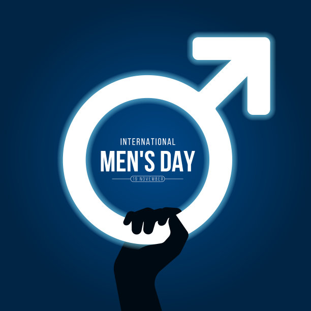 国际男子节-剪影手持白色霓虹男性符号在深蓝色背景矢量设计图片下载