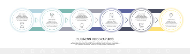带有圆圈和箭头的矢量最小线信息图。业务时间表六步法，选项，标签。平面模板与6种方式的图表，图表，流程图，应用程序图片下载
