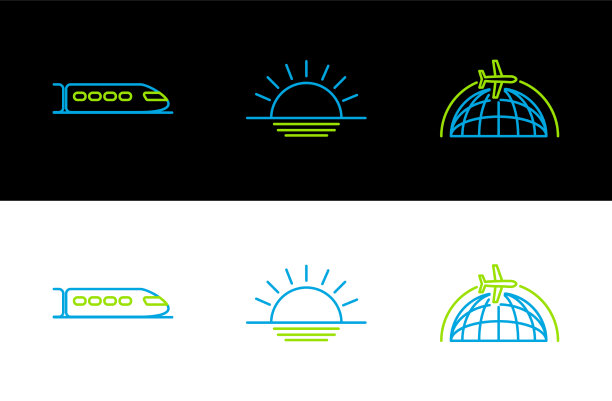设置线地球仪与飞行的飞机，火车和日落图片下载