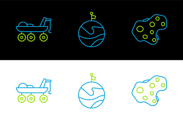 设置线小行星火星探测车和月球与旗帜图片下载