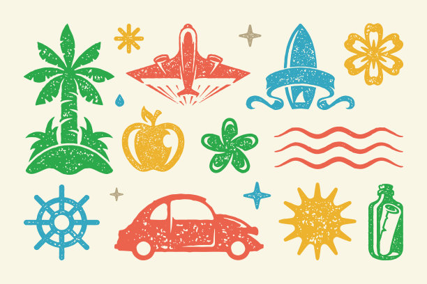 夏季符号和物体集合矢量插图。有轮船方向盘和熟苹果的客车图片下载