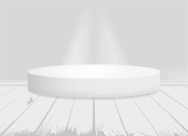 工作室或房间里的白色底座或带有聚光灯的场景。向量的现实模型。木制地板上的圆形广告台或产品台架。图片下载