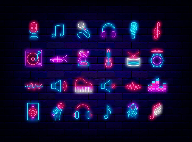 音乐霓虹灯图标集合。鼓包，均衡器和麦克风。笔记，耳机和dj控制台。矢量图图片下载
