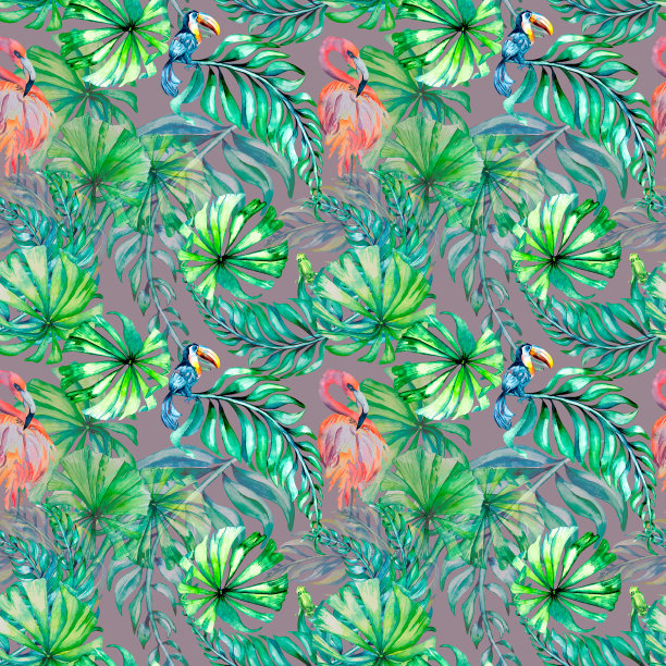热带鸟类和棕榈叶水彩无缝图案在灰色背景图片下载